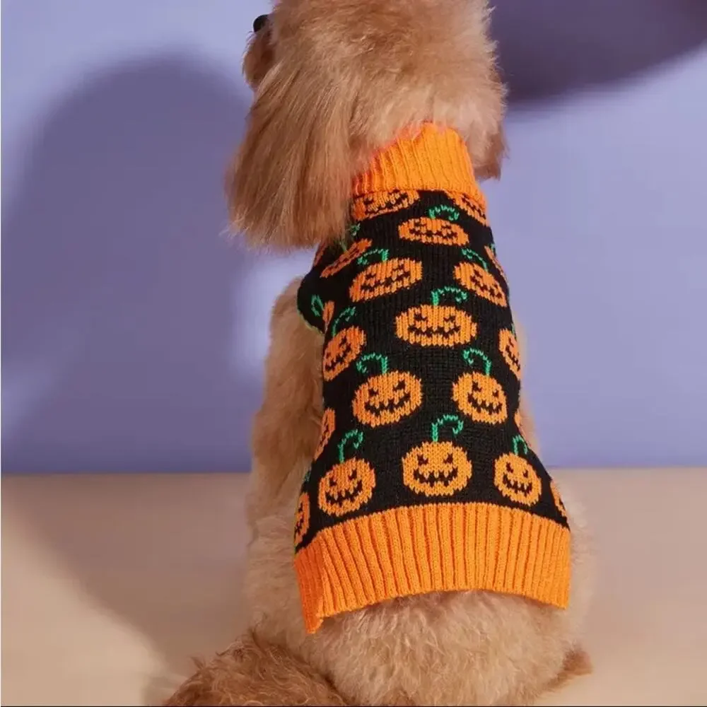 Halloween Pumpkin Dog Sweater Size Large Knit Orange Black Jack O Lantern